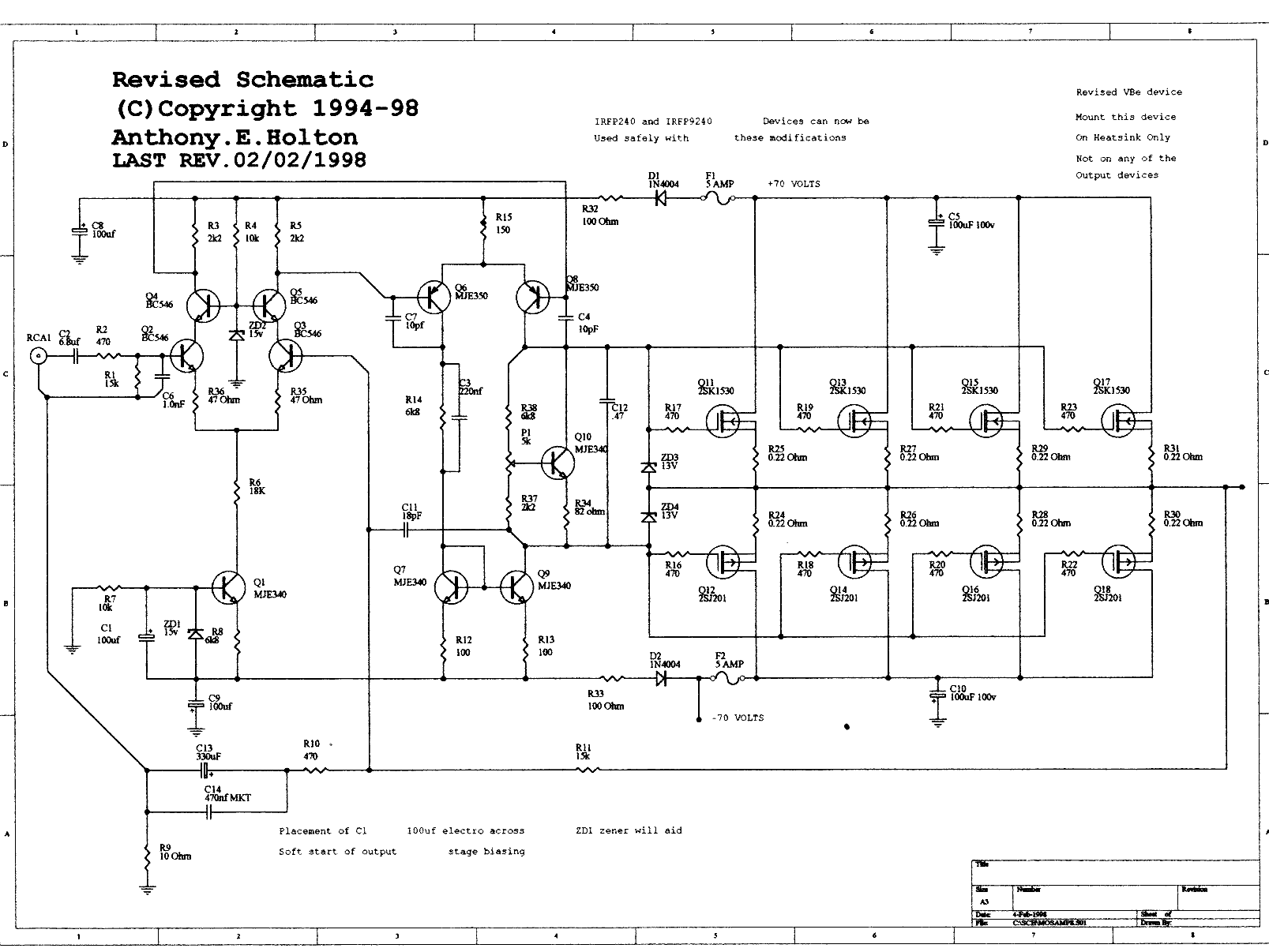 RMS 500W Amplifier Circuit - Electronics Projects Circuits