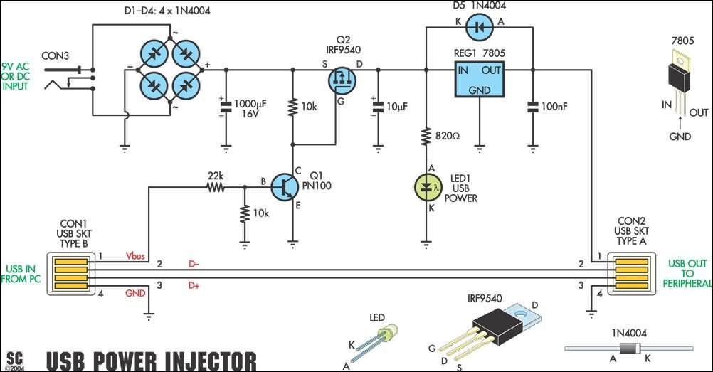 usb power up 7805 mosfet irf9540 usb schematic circuit