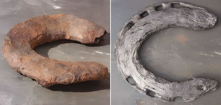 rusty iron before electrolysis cleaned iron after electrolysis