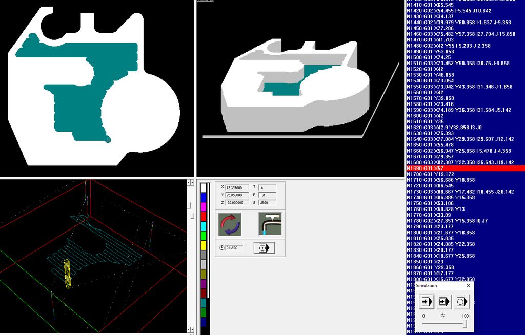 cnc code and it also shows the current cnc block during simulation