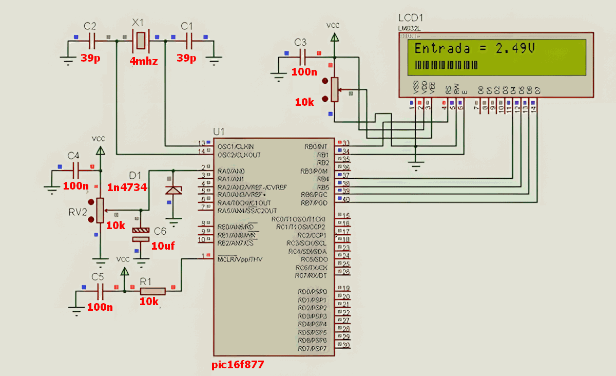 PIC16F877 ile LCD VU Metre Voltmetre Devresi ADC Göstergesi 1 pic16f877-lcd-voltmeter-circuit-diagram