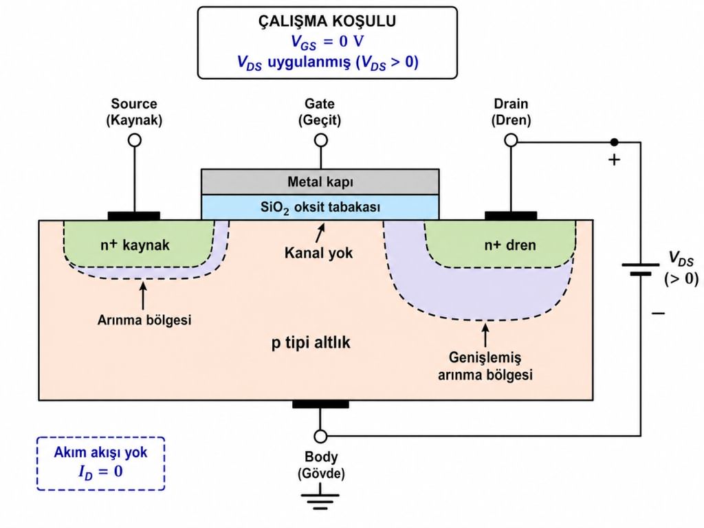 mosfet vds arttiginda drain tarafindaki arinma bolgesinin genisledigi