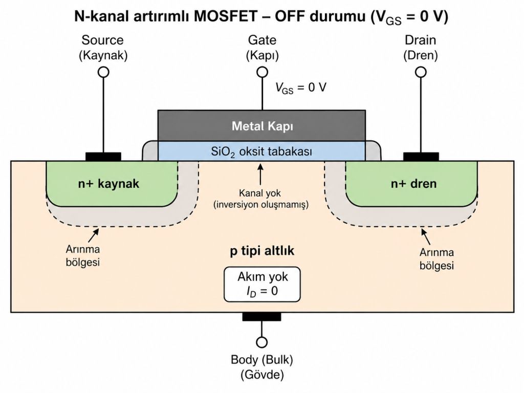 vgs uygulanmamis mosfet yapisi