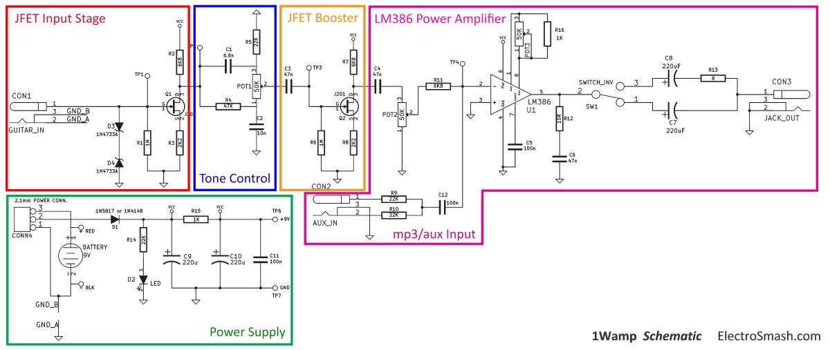 jfet-input-tone-control-jfet-booster-lm386-power-amp