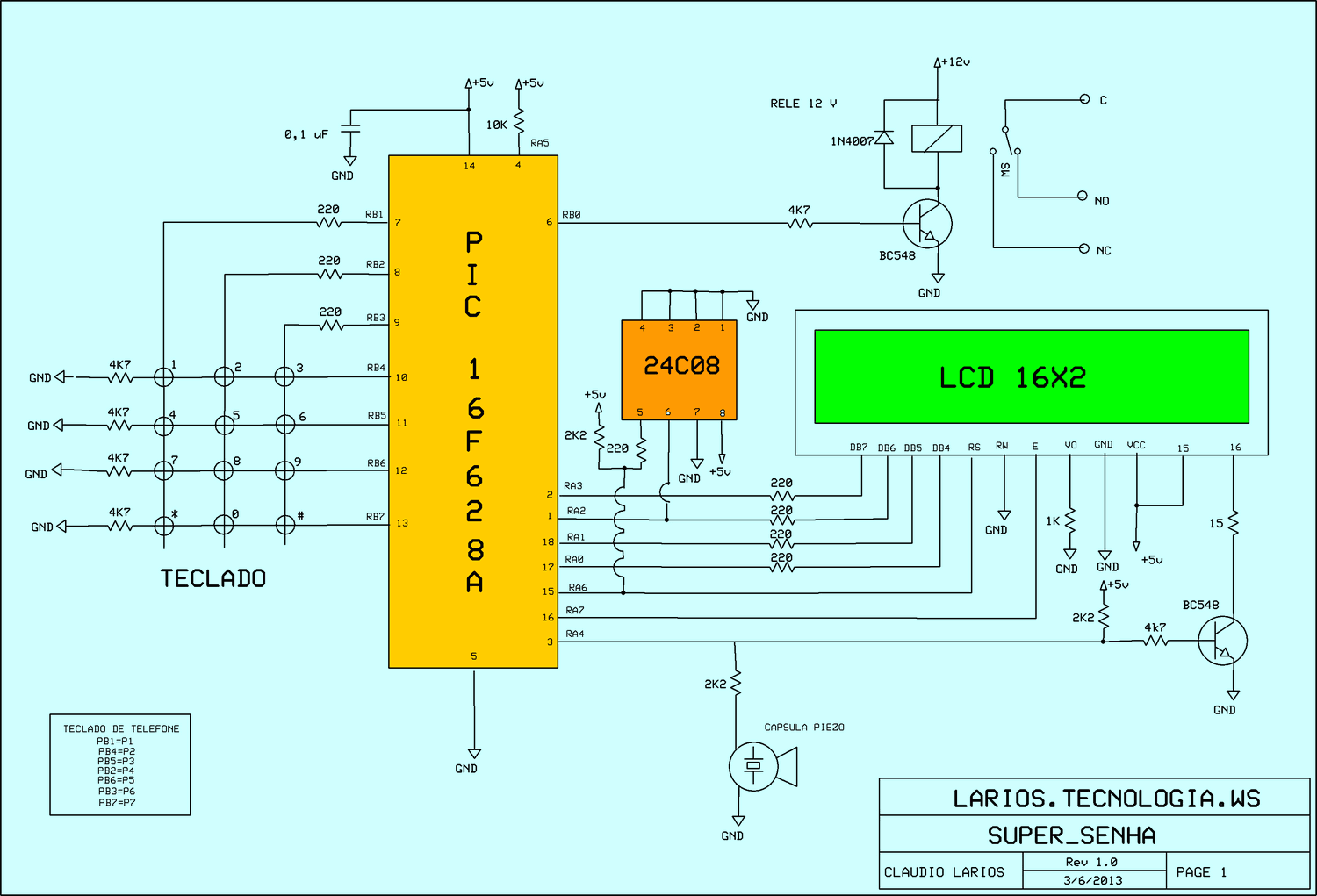 128 Users Combination Lock Lcd Display Pic16f628 Eeprom 24c08 Keylock Circuit Schematic
