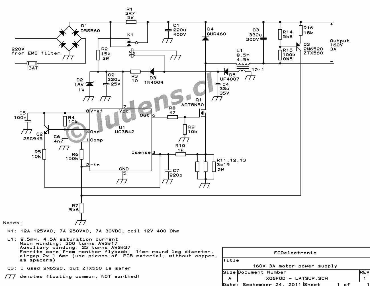 Aot8n50 Uc3842 160vdc Motor Power Supply Circuit Schematic