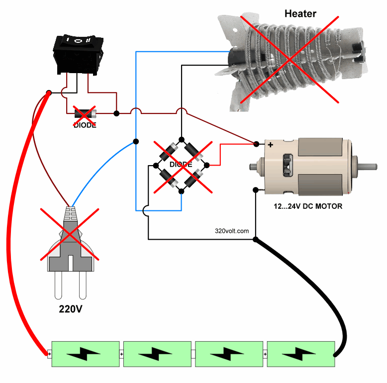 Schematic powering hair dryer laptop battery hair dryer 18650 lithium battery dc motor 12v 24 18v