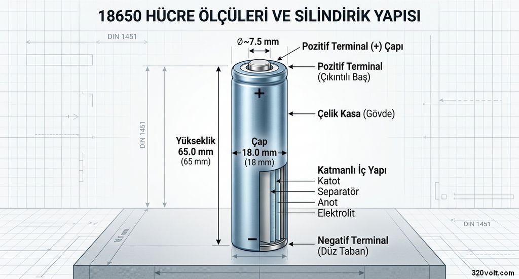 18650 hucrenin olculerini ve silindirik yapisini anlatan sade teknik 2026
