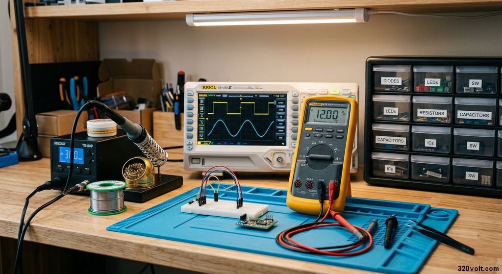 elektronik atolyesi duzenli masa lehimleme istasyonu multimetre osiloskop cekmeceli 2026
