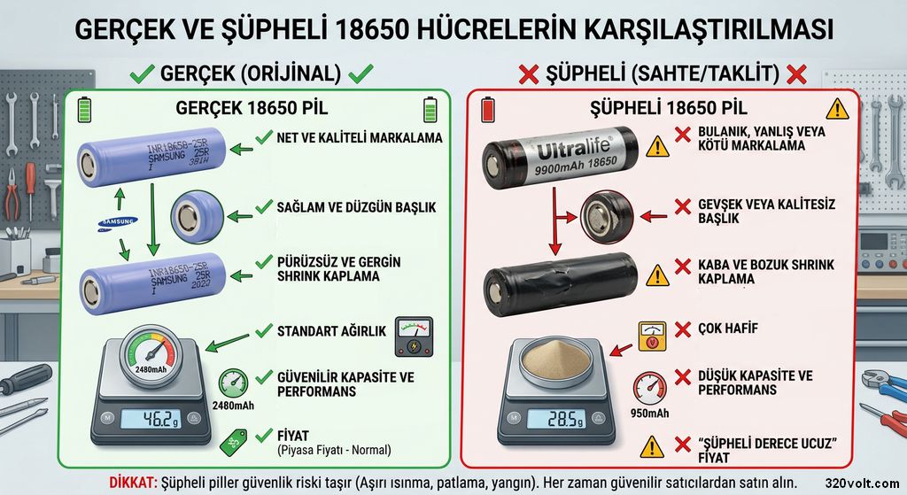 gercek ve supheli sahte 18650 hucrelerin karsilastirildigi aciklayici gorse 2026