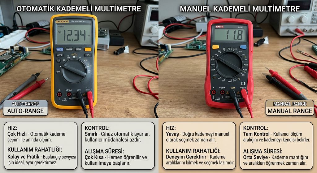dijital multimetre otomatik kademeli manuel kademeli multimetre farklari