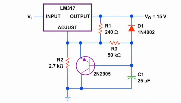 lm317 yavas baslangicli 15v regulator devresi