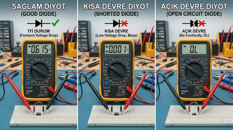 multimetre diyot test modunda saglam diyot kisa devre diyot ve acik devre diyot icin ornek ekran degerleri