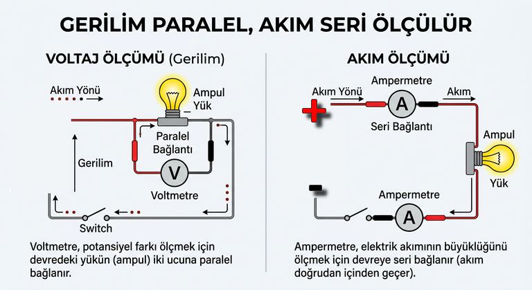 multimetre gerilim paralel olculur akim seri olculur mantigini gosteren basit bir sema