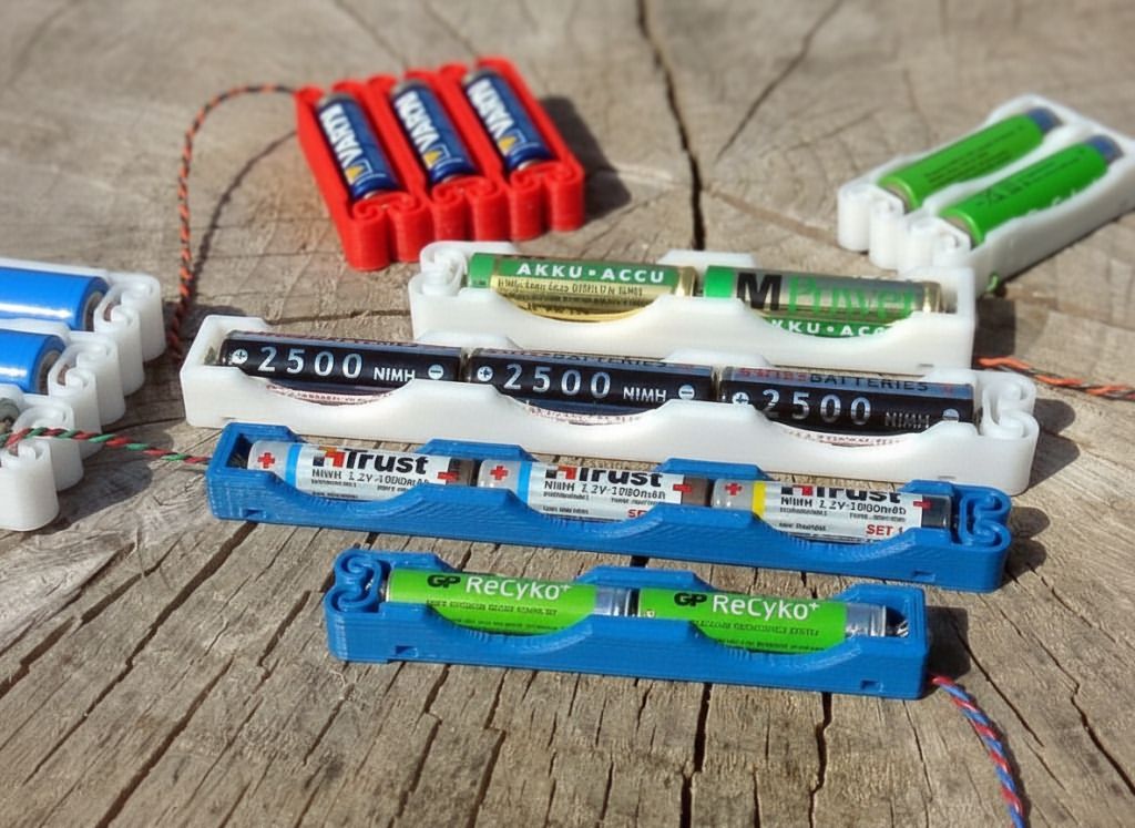 Pil Tutucu 3D Tasarımları AA, AAA, C ve 18650 İçin Modeller 3 2 ve 3 hucreli bolmelere sahip esnek pil yuvalari flexing battery holders with 2 and 3 cell compartments