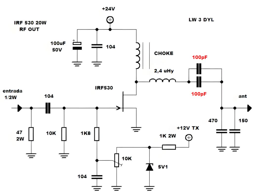 20w rf power amplifier circuit with irf530 mosfet and 24v power supply