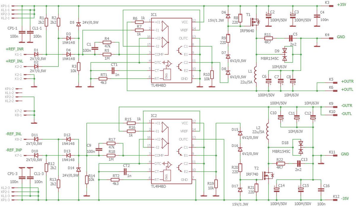 3 class h tl494 controlled positive and negative supply converter schematics