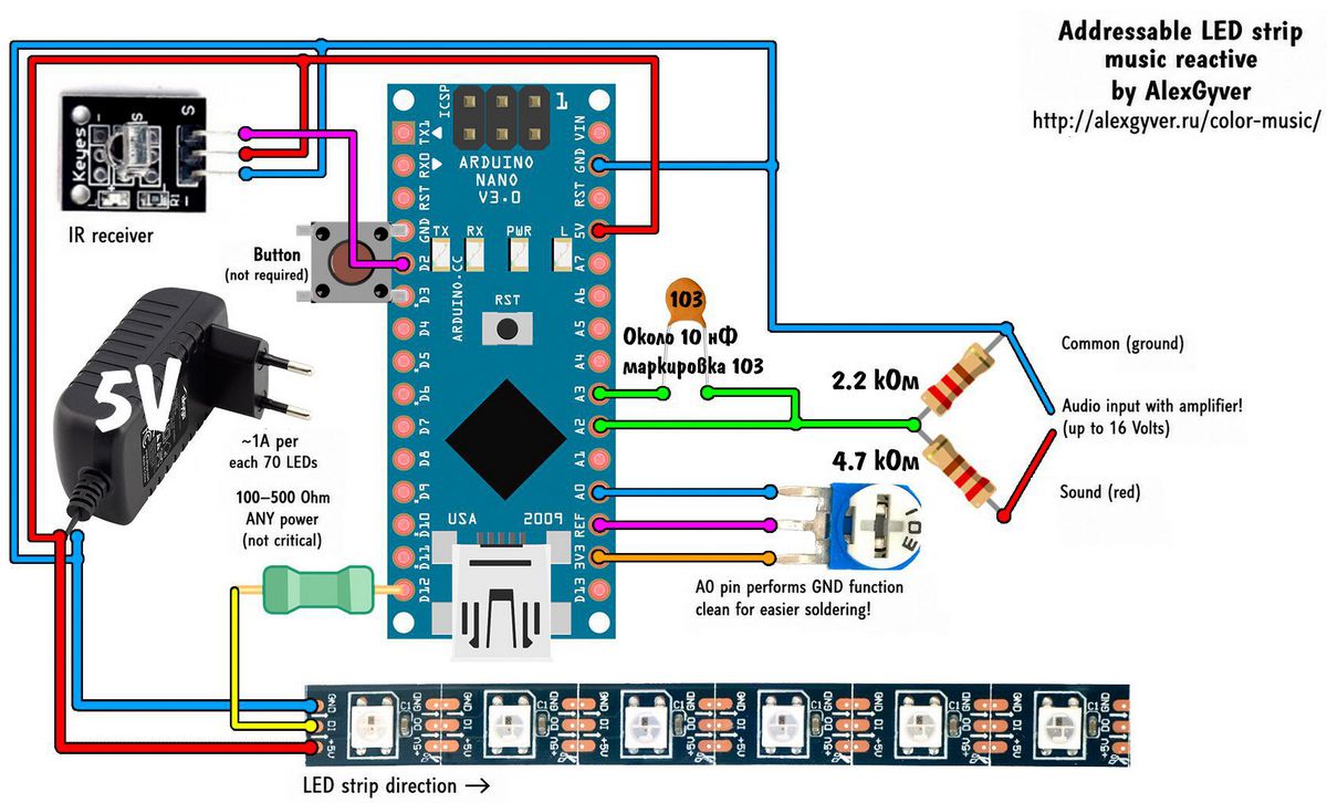 arduino color music circuit the amplifier output is connected to the sound input via a resistor divider