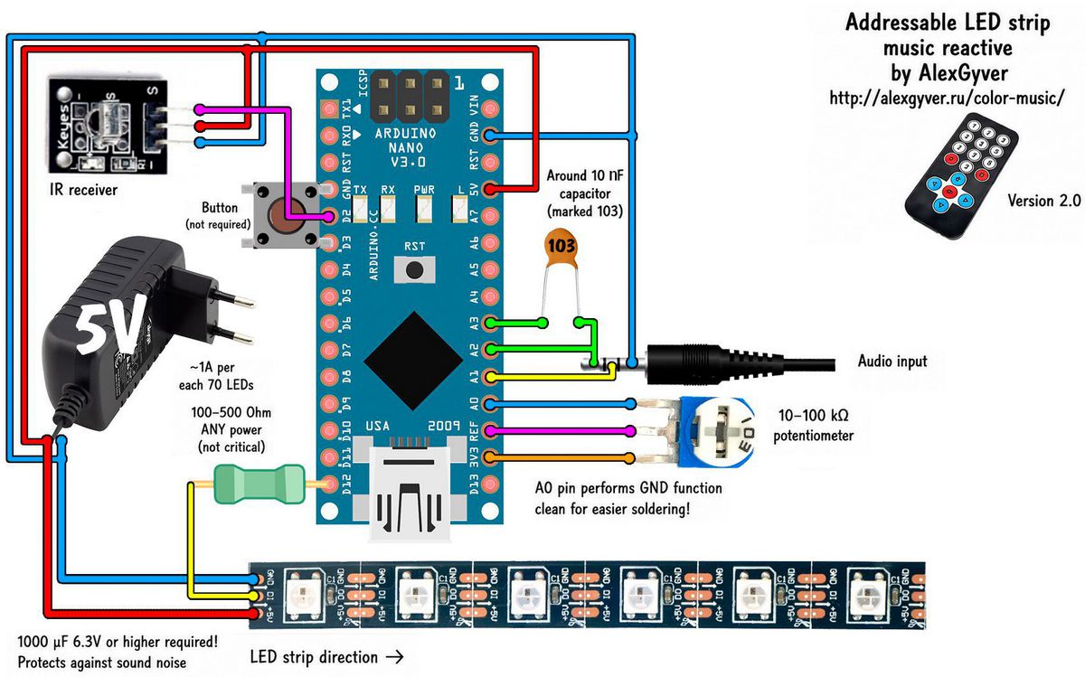 arduino color music circuit with 35 mm audio jack connection