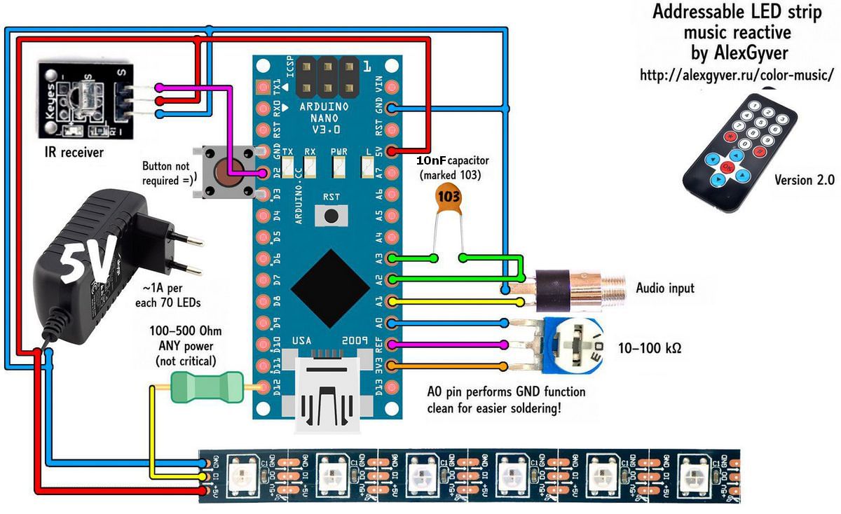 arduino color music circuit with ir receiver jack input alternative connection
