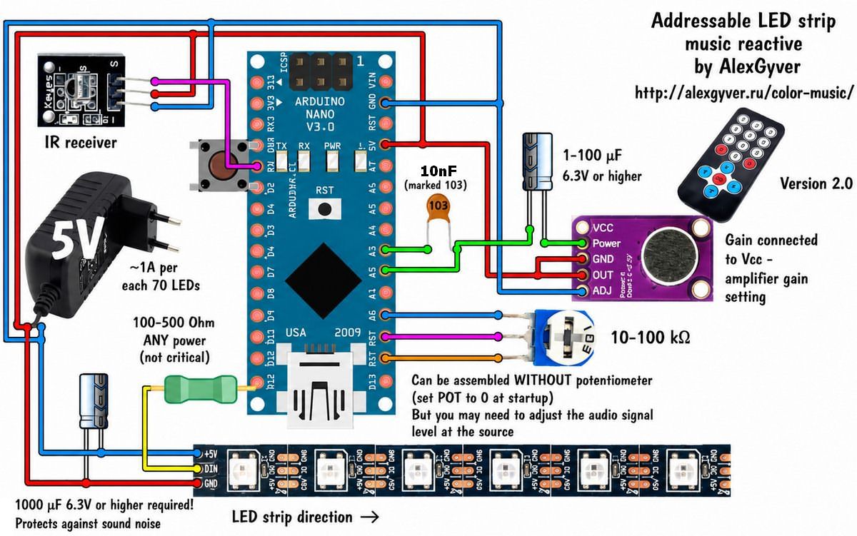 arduino ws2812b color music circuit ir receiver and remote control connection
