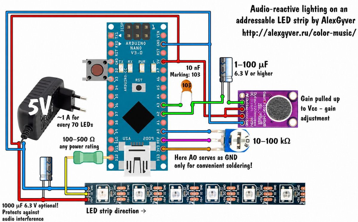 arduino ws2812b color music circuit with max9814 microphone module connection