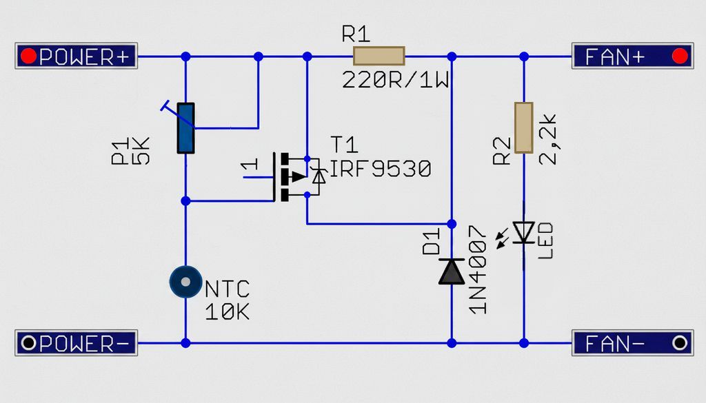 ntc controlled irf9530 12v fan speed control circuit schematic