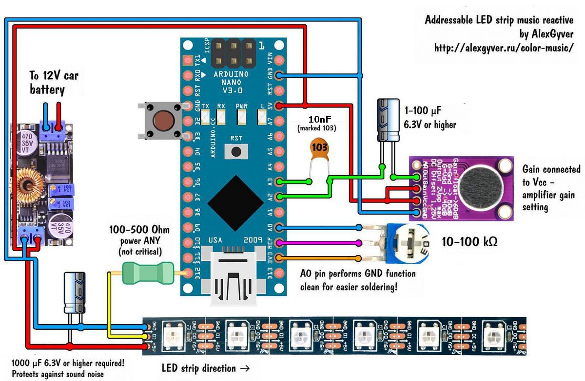 powering the arduino color music circuit from a 12v vehicle power supply using a dc dc converter