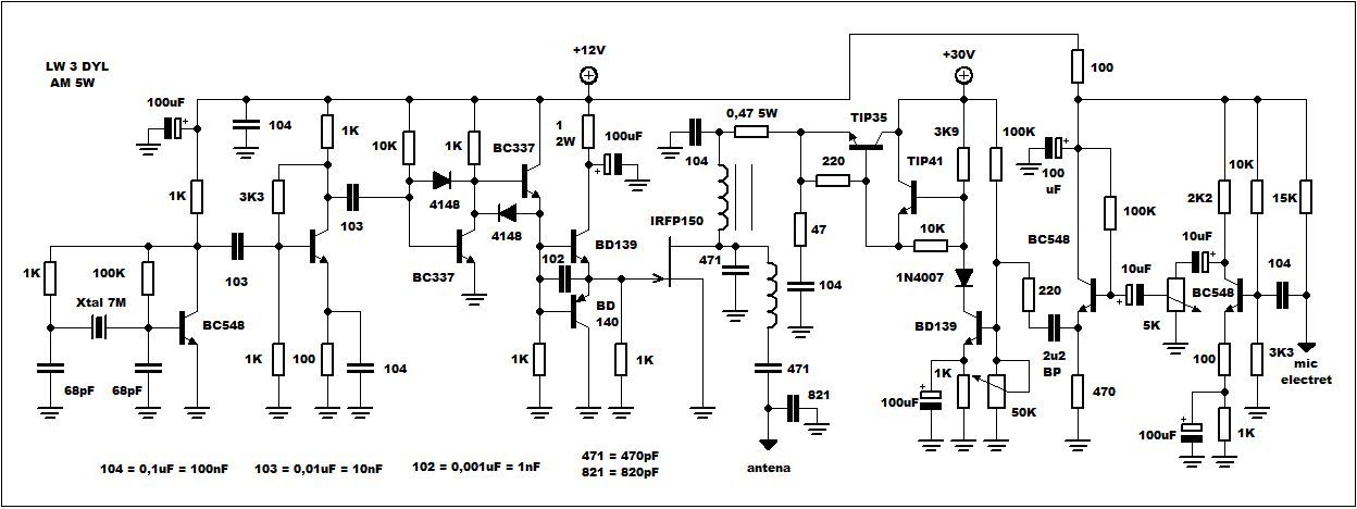 schematic 7mhz crystal oscillator drain modulation and 5w rf circuit