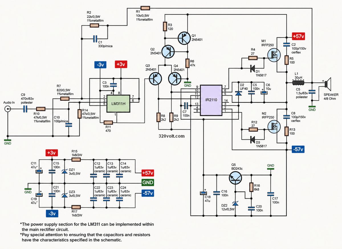 class d 400w amplifier main circuit diagram lm311h ir2110 and irfp250