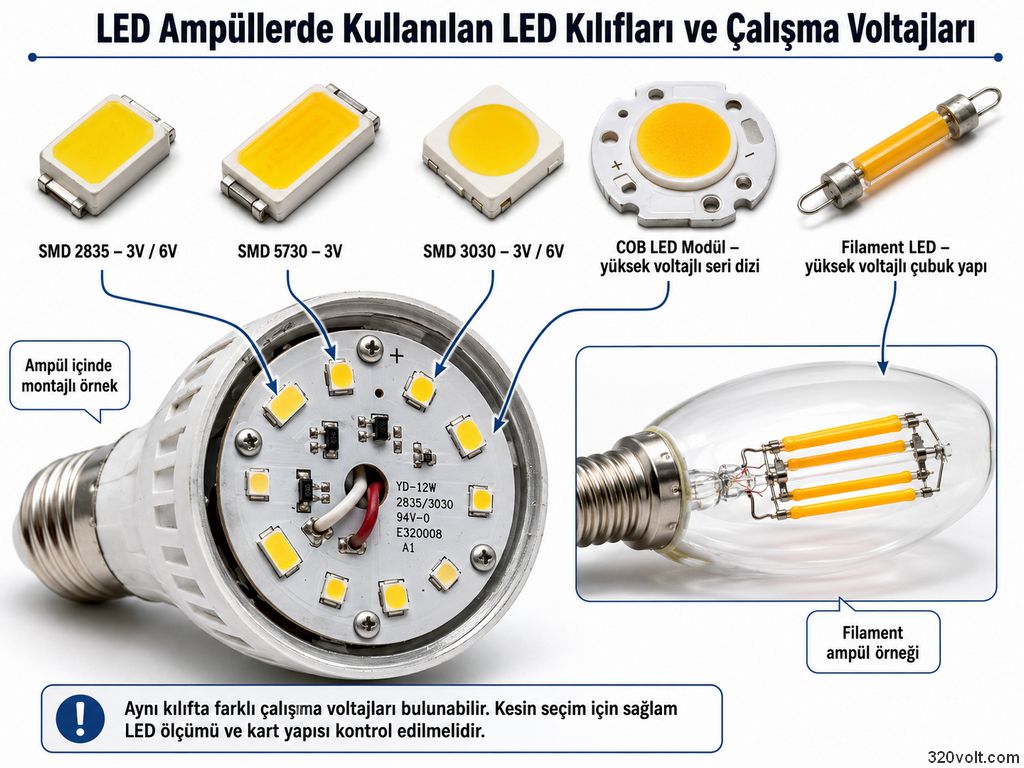 led ampullerde kullanilan led kiliflari ve calisma voltajlari