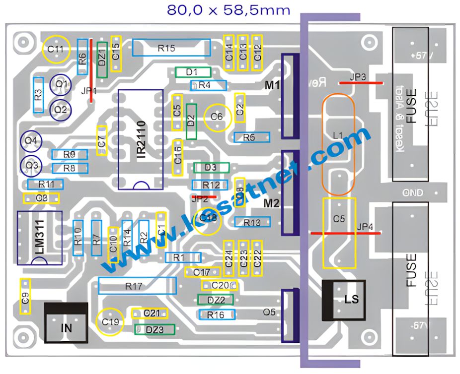 pcb layout diagram for lm311h ir2110 irfp250 class d 400w amplifier