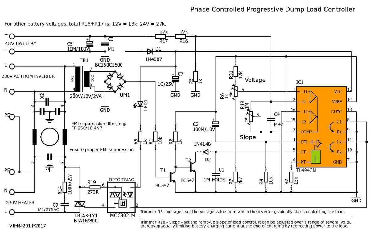tl494 phase controlled photovoltaic excess energy router circuit diagram